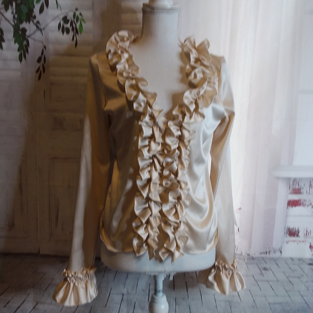 Luisa Beccaria designer ruffle front long sleeve 100% silk blouse size 46
